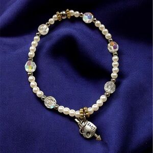 Silver Heart Charm with Beads Recycled Vintage Crystals Bracelet 6.5”